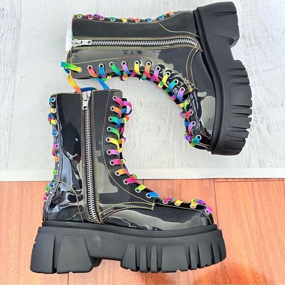 NIB Club Exx rainbow Neon festival beaded pride combat boots Sz 8 sold out - Picture 6 of 8